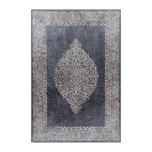 Waschbarer Teppich, Barock Design, Farbe Schwarz, Teppich für Wohnzimmer, Rücken aus Canvas