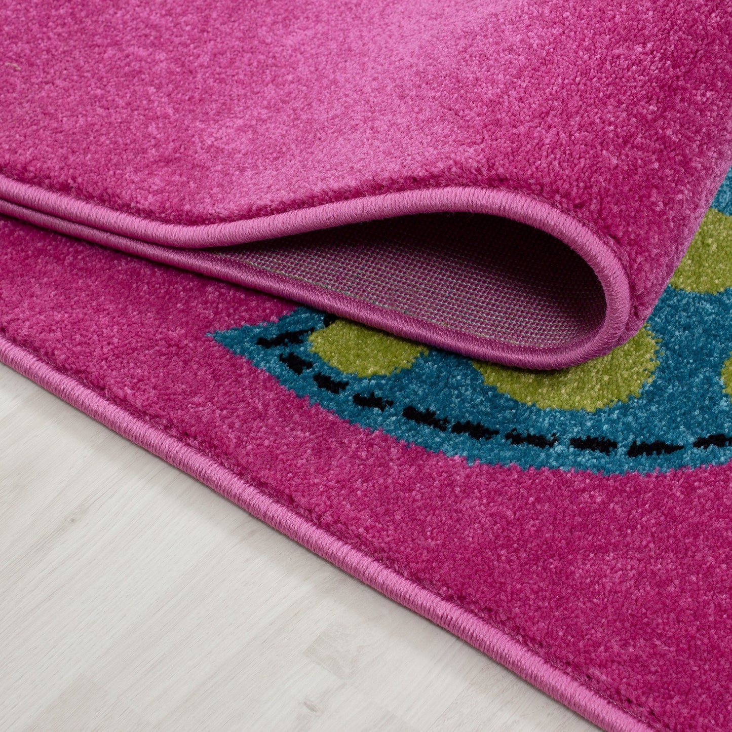 Kinderteppich Kinderzimmer Eulen Schmetterling Herz Muster Pink Gruen Blau Rot