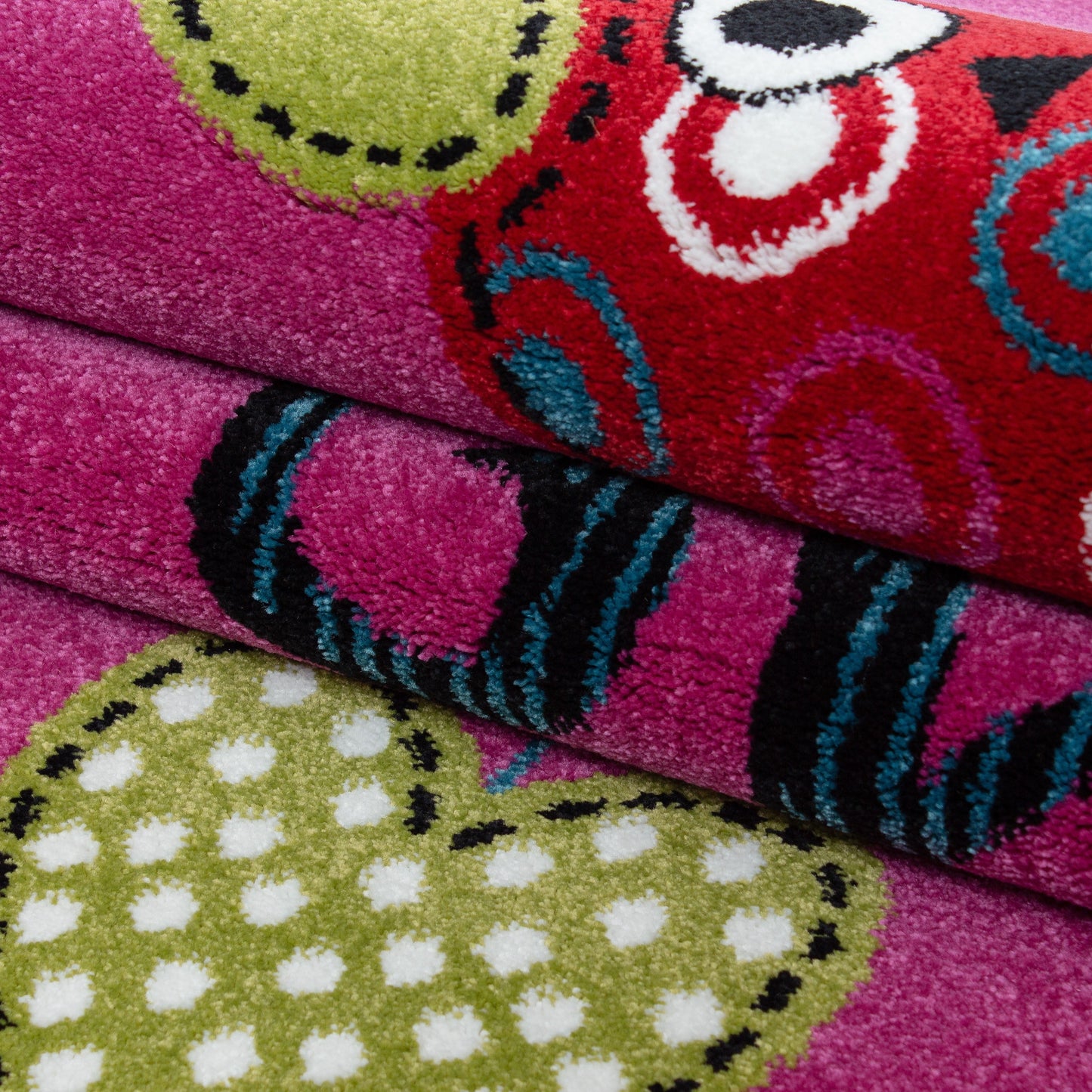 Kinderteppich Kinderzimmer Eulen Schmetterling Herz Muster Pink Gruen Blau Rot