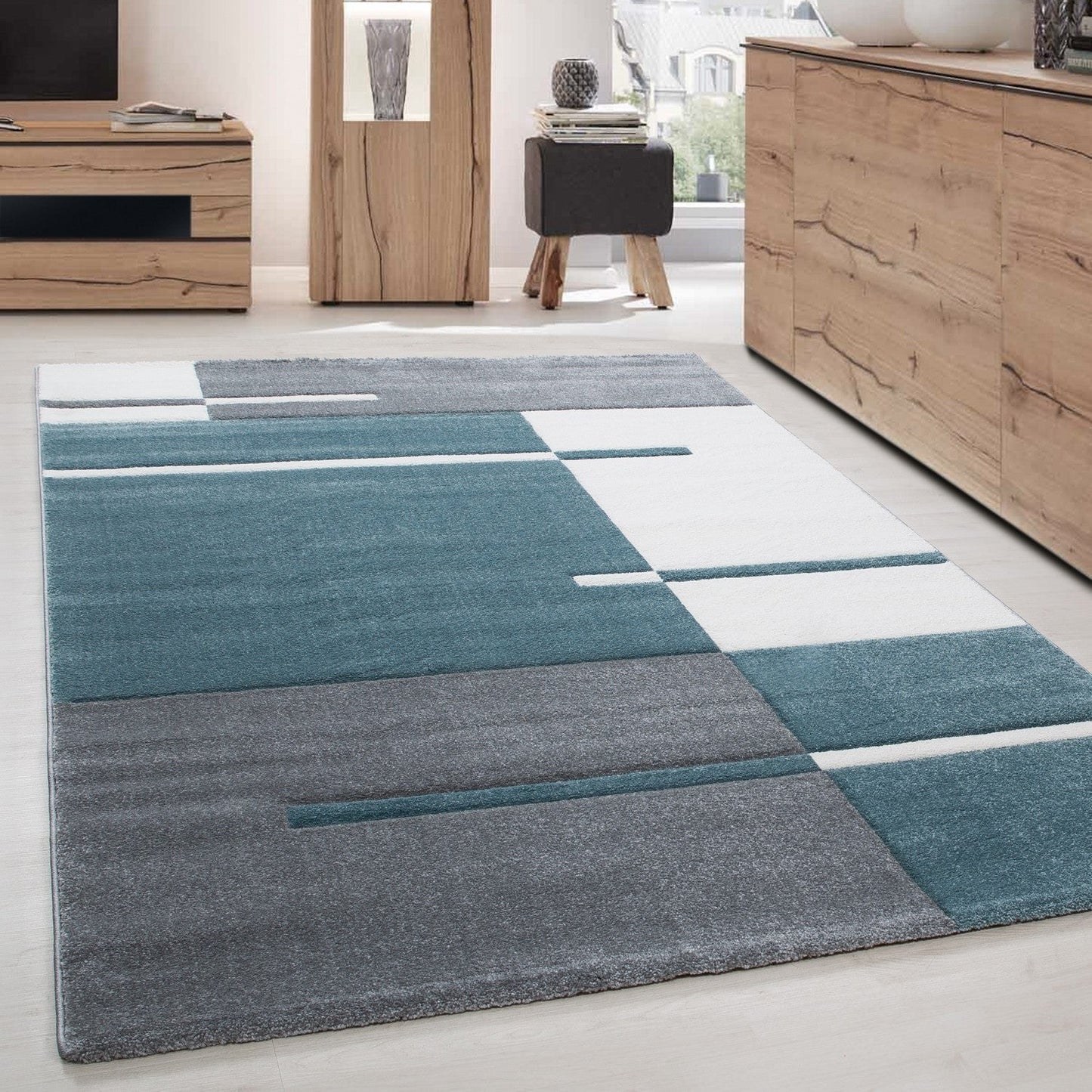 Designer Teppich Modern Kariert Linien Muster Konturenschnitt Grau Weiß Blau