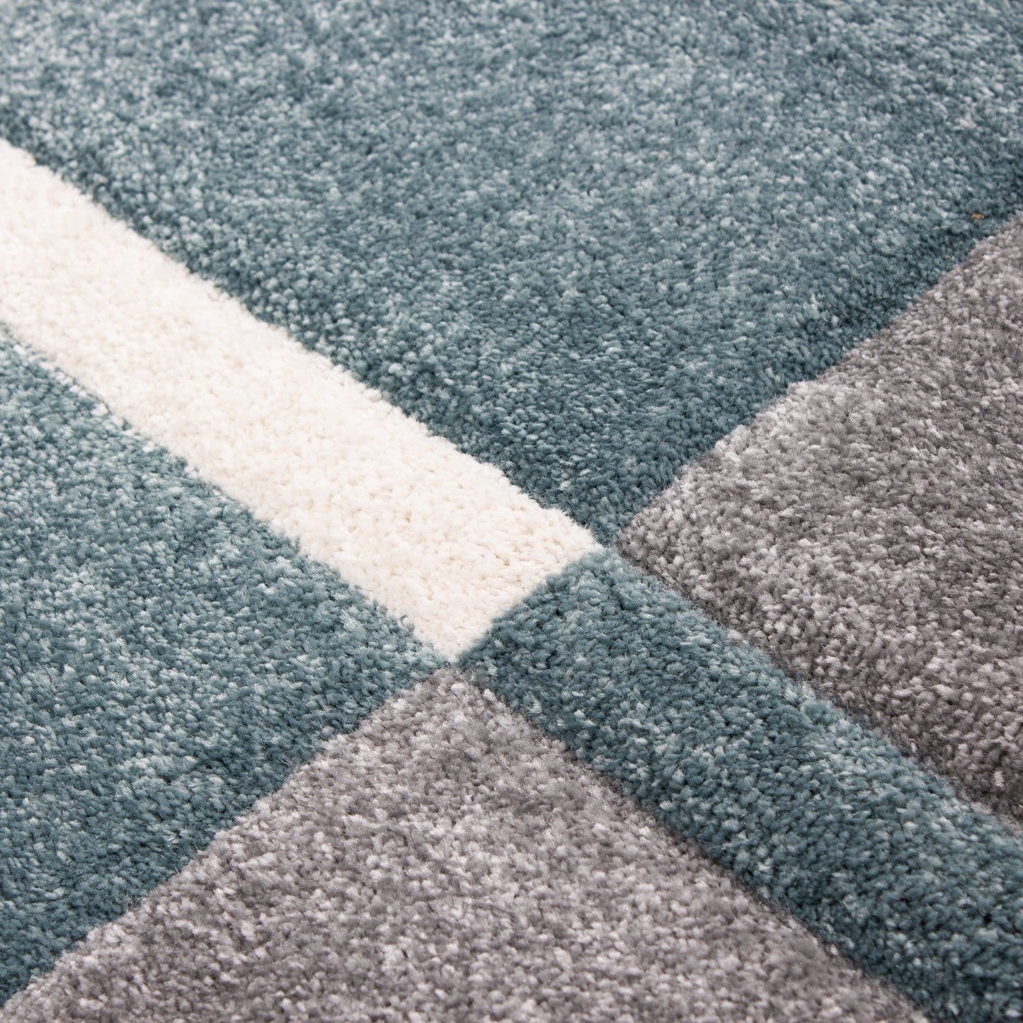 Designer Teppich Modern Kariert Linien Muster Konturenschnitt Grau Weiß Blau
