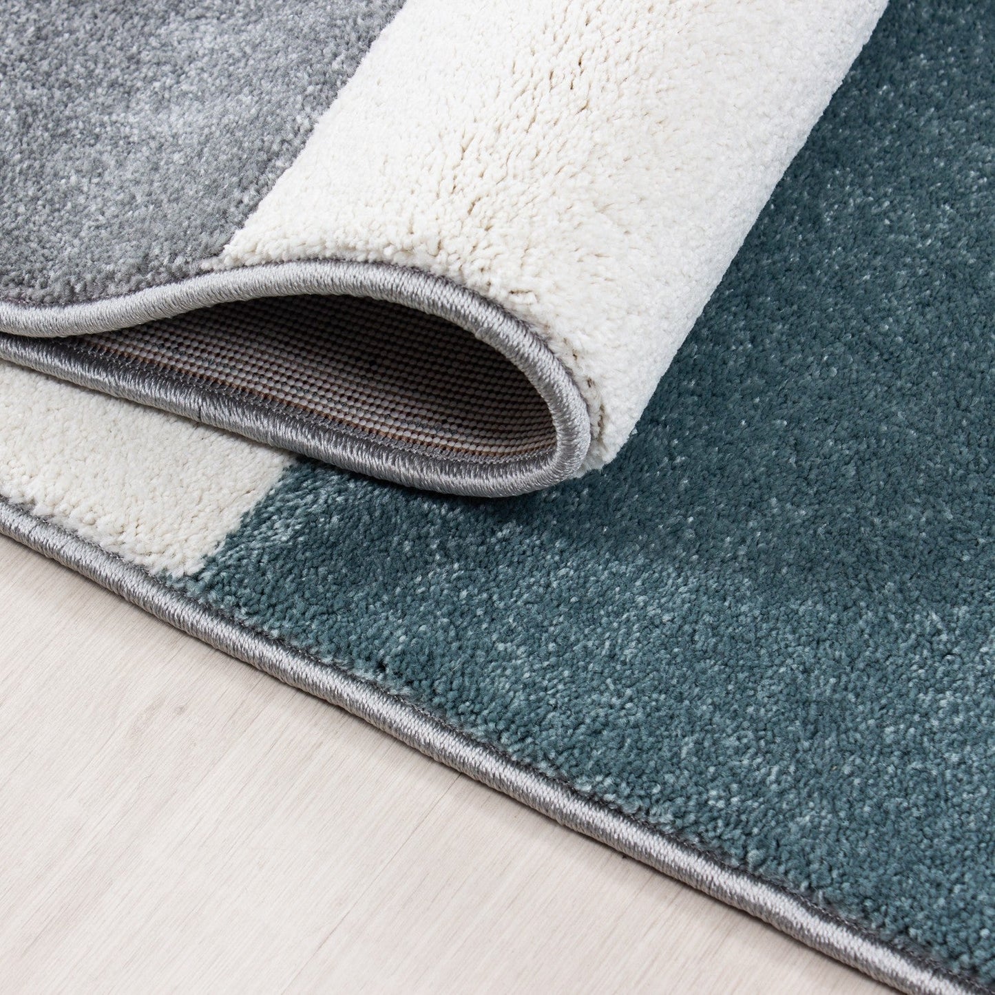 Designer Teppich Modern Kariert Linien Muster Konturenschnitt Grau Weiß Blau