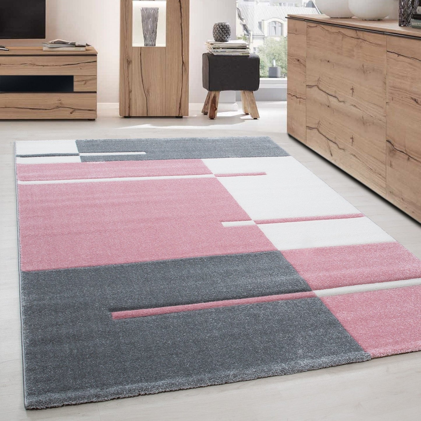 Designer Teppich Modern Kariert Linien Muster Konturenschnitt Grau Weiß Pink
