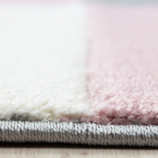 Designer Teppich Modern Kariert Linien Muster Konturenschnitt Grau Weiß Pink