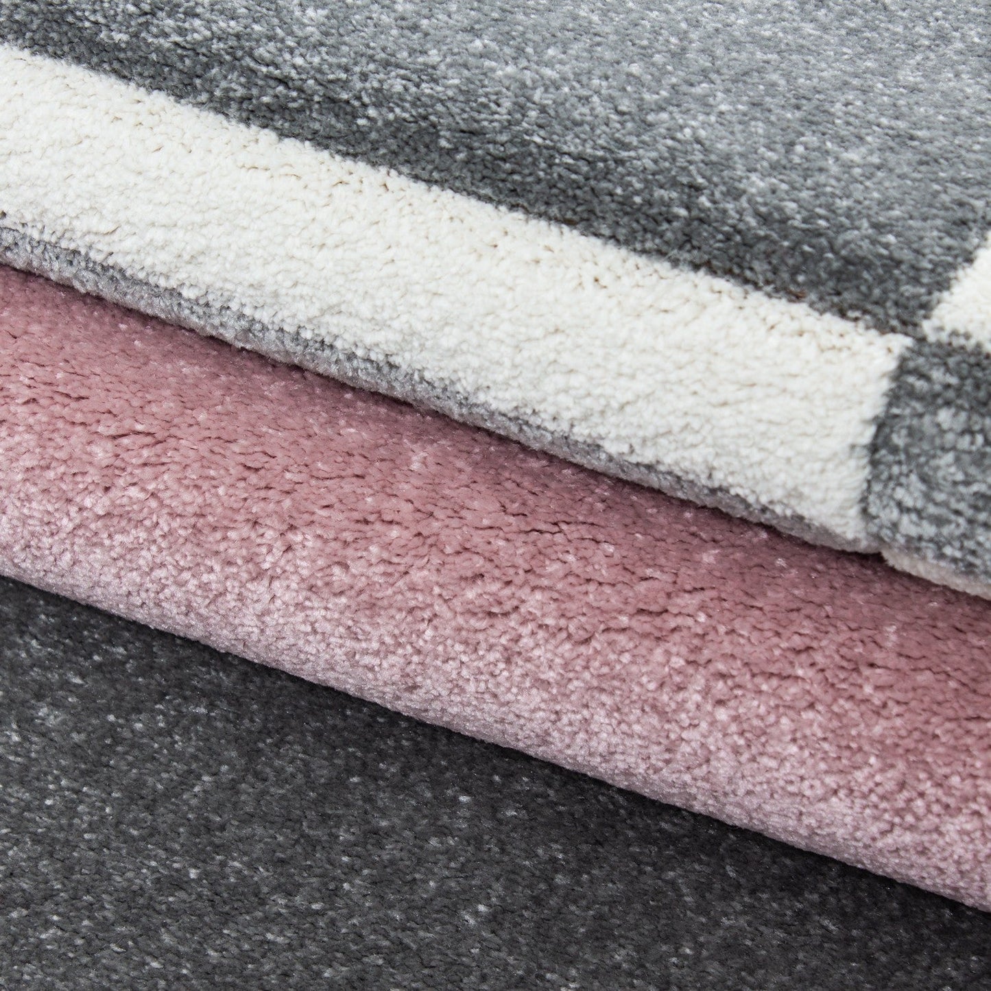 Designer Teppich Modern Kariert Linien Muster Konturenschnitt Grau Weiß Pink
