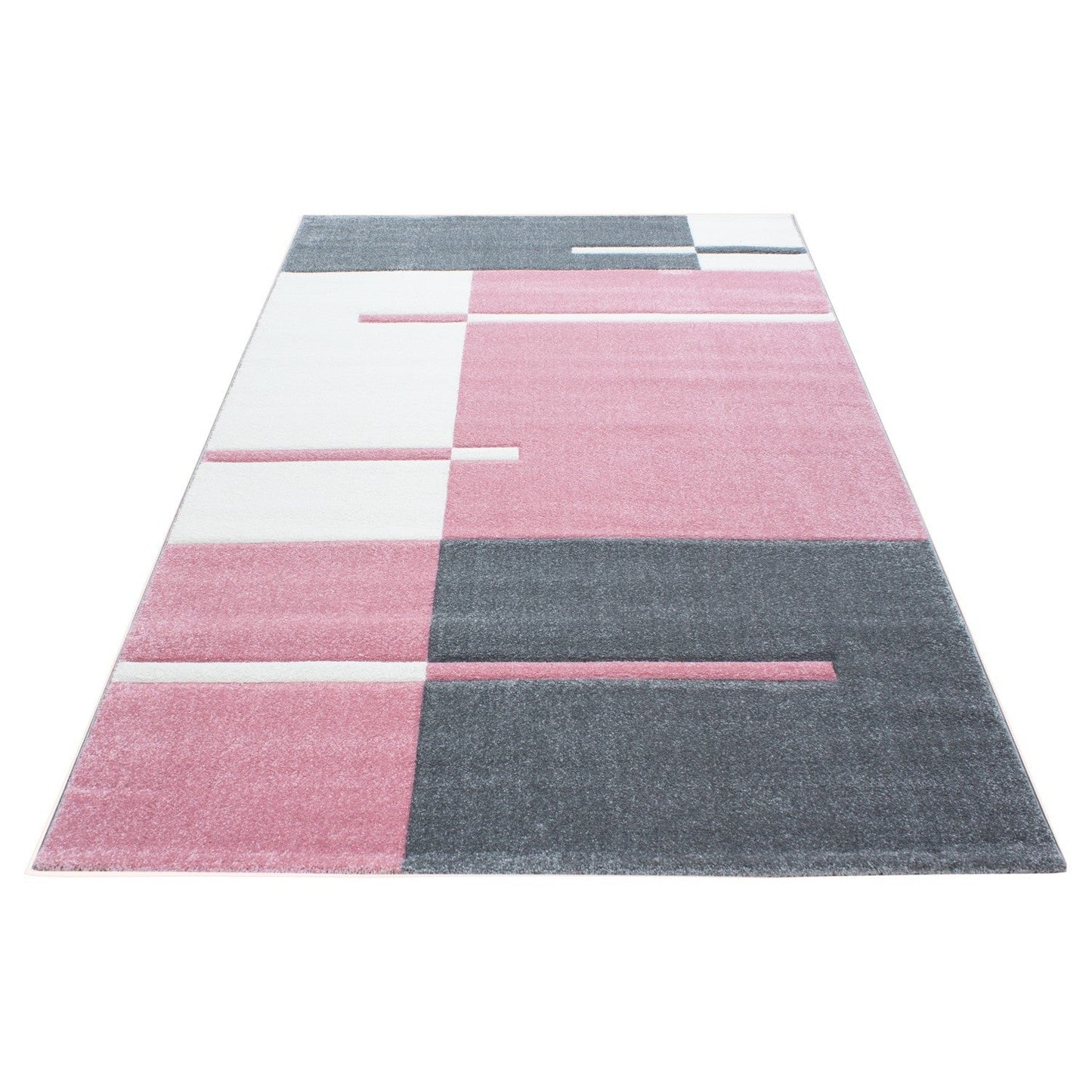 Designer Teppich Modern Kariert Linien Muster Konturenschnitt Grau Weiß Pink