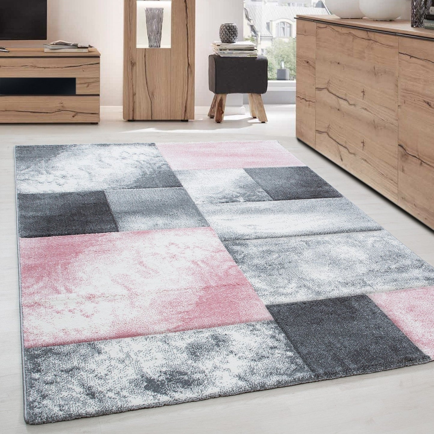 Designer Teppich Abstrakt Kariert Muster Konturenschnitt Grau Weiß Pink