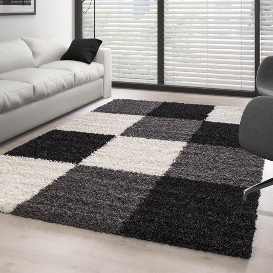 Teppich Hochflor Langflor Wohnzimmer günstig Shaggy kariert Schwarz Weiss Grau