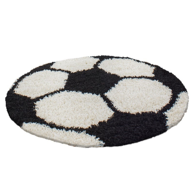 Kinderteppich für Kinderzimmer Fussball form Hochflor Teppich Schwarz-Weiss