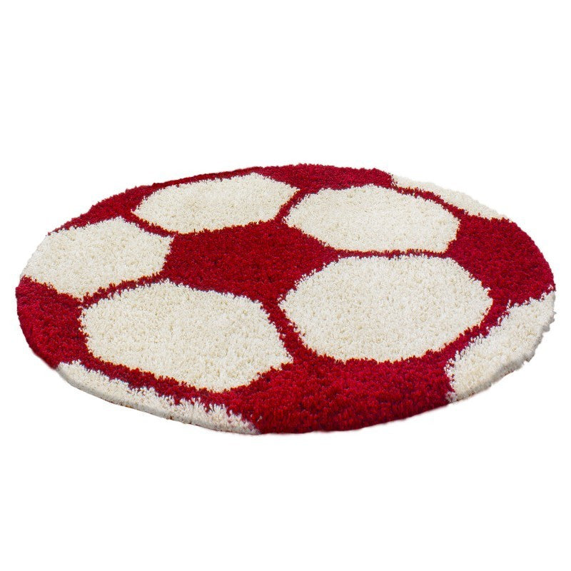 Kinderteppich für Kinderzimmer Fussball form Hochflor Teppich Rot-Weiss