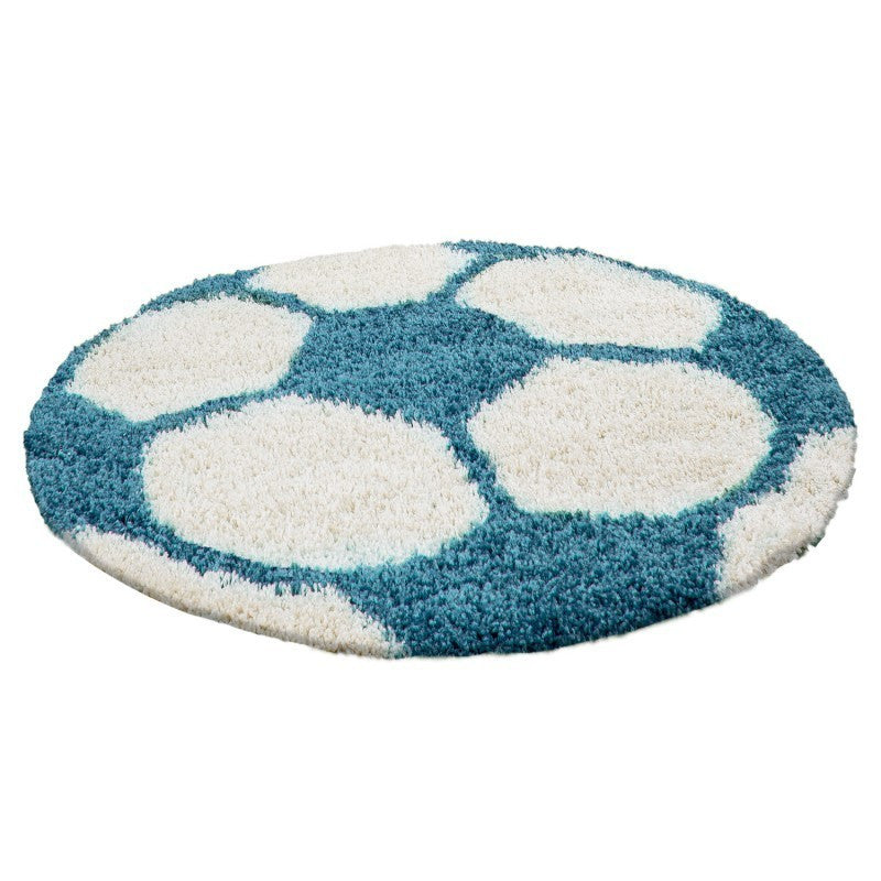 Kinderteppich für Kinderzimmer Fussball form Hochflor Teppich Türkis-Weiss