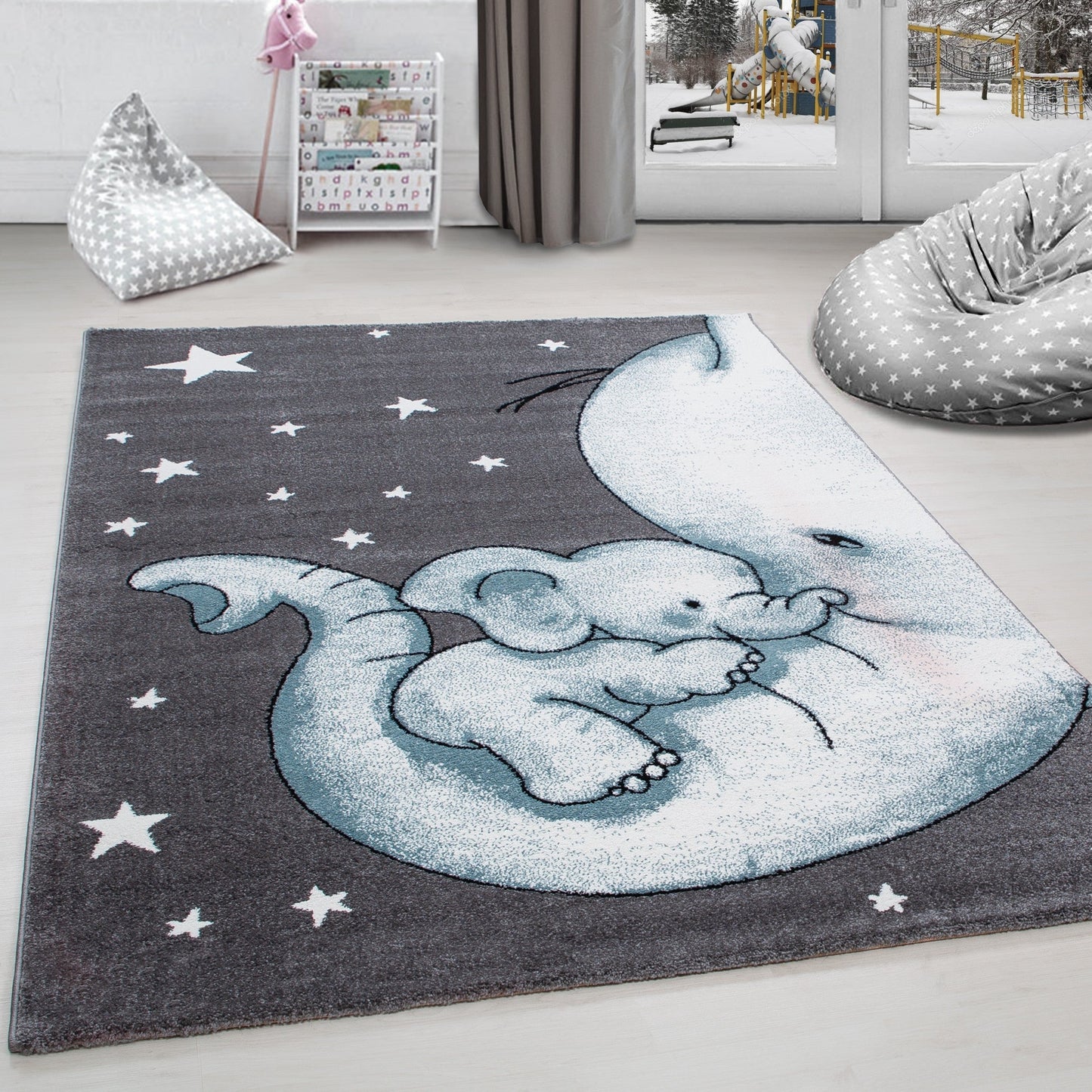 Kinderteppich Kinderzimmer Teppich niedlicher Elefantenbaby Stern Grau-Weiß-Blau