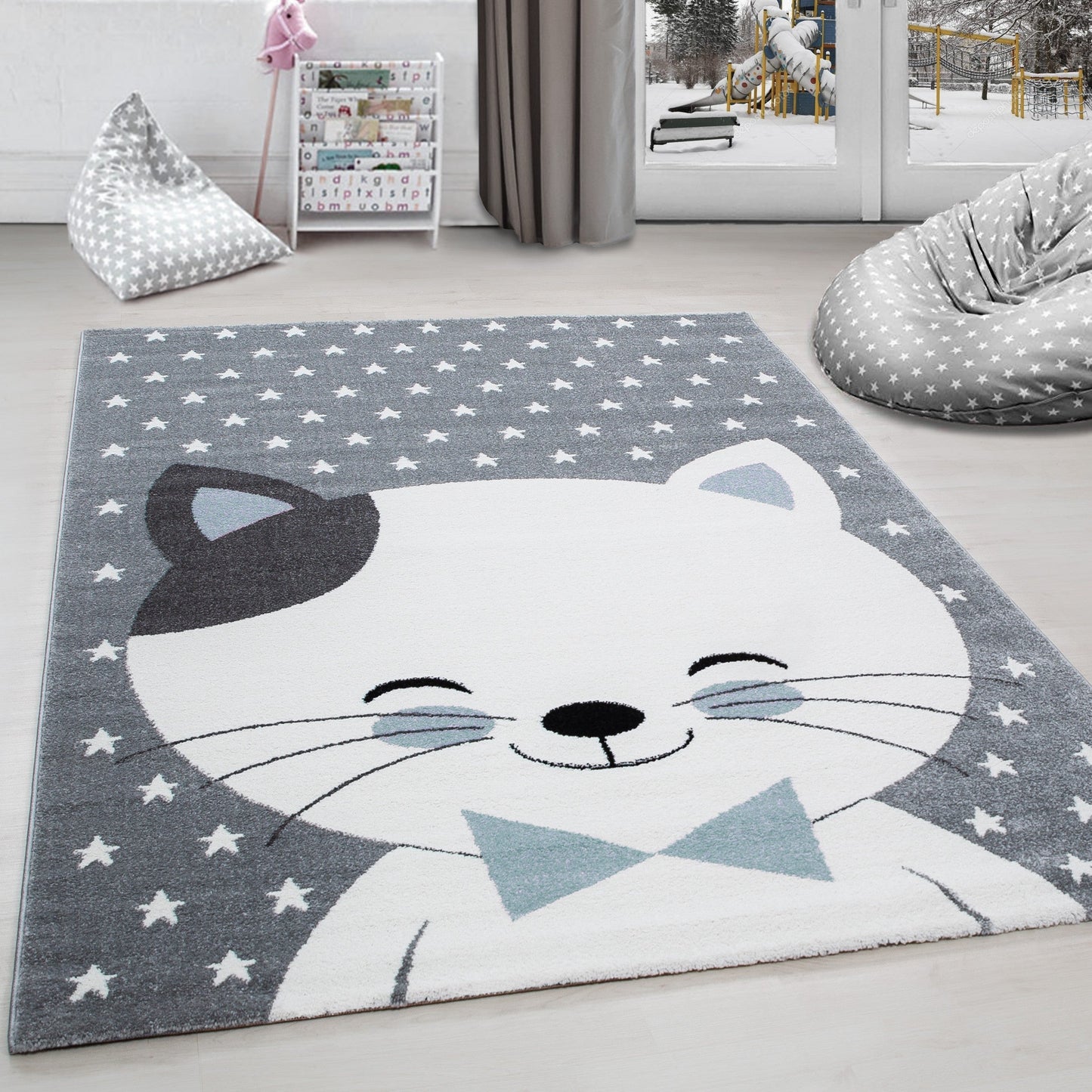Kinderteppich Kinderzimmer Teppich Katze Sternmotiv Grau-Weiß-Blau