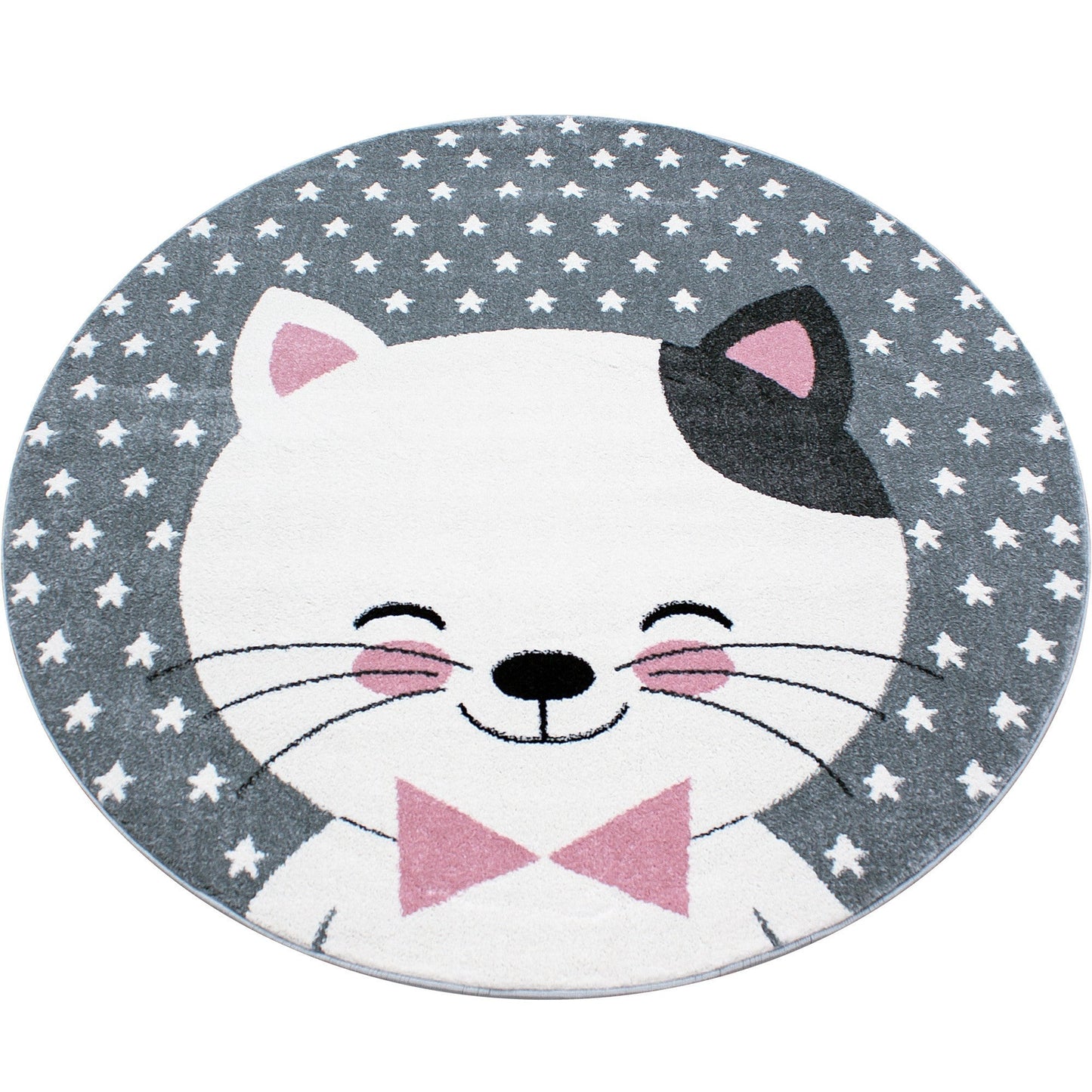 Kinderteppich Kinderzimmer Teppich Katze Sternmotiv Grau-Weiß-Pink