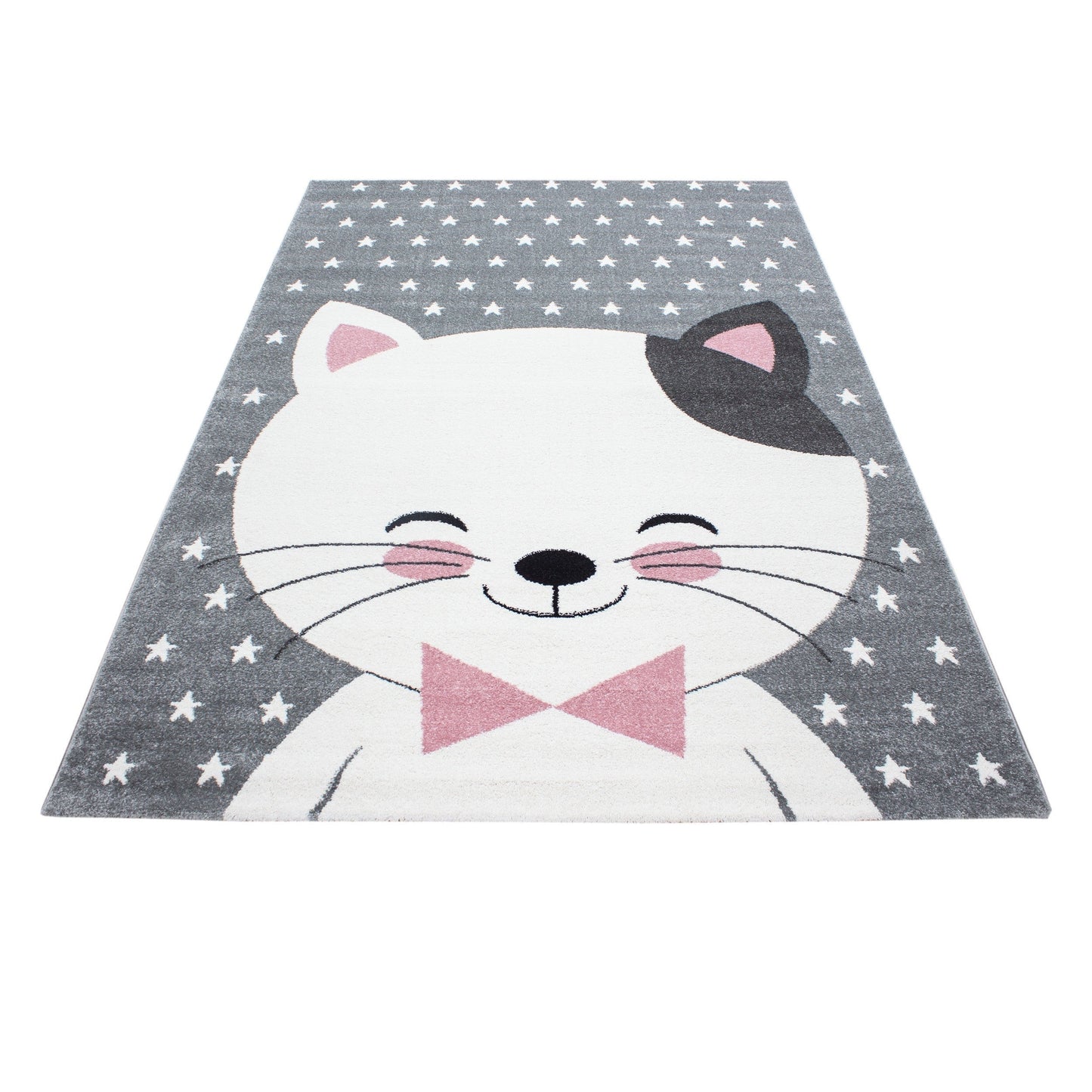 Kinderteppich Kinderzimmer Teppich Katze Sternmotiv Grau-Weiß-Pink