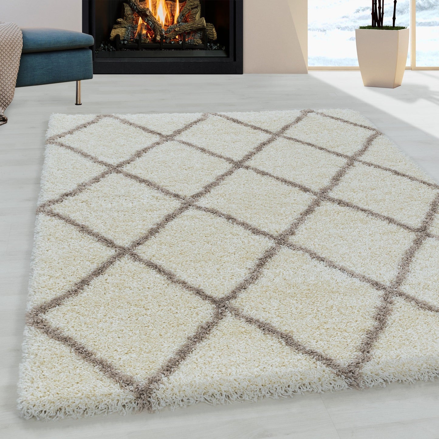 Wohnzimmerteppich Design Hochflor Teppich Muster Raute Flor Weich Farbe Creme