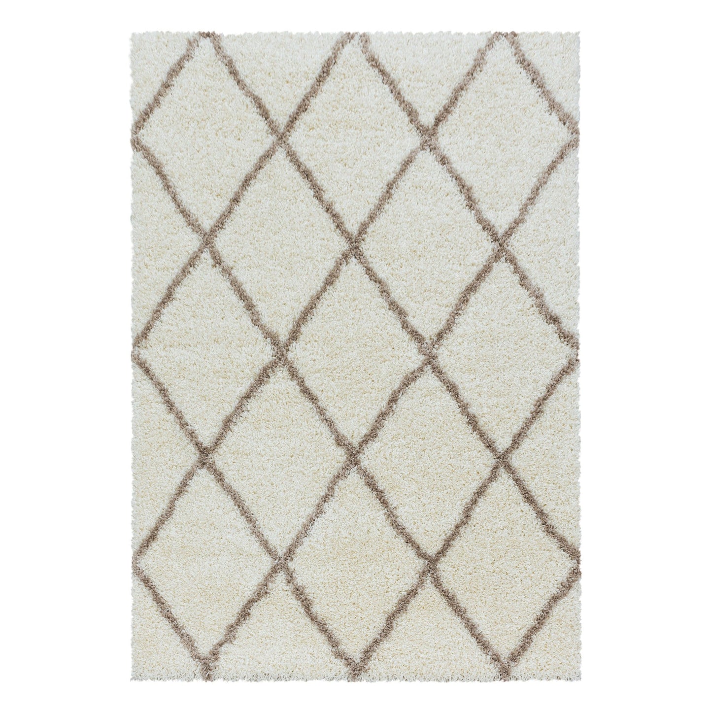 Wohnzimmerteppich Design Hochflor Teppich Muster Raute Flor Weich Farbe Creme