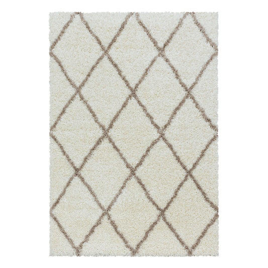 Wohnzimmerteppich Design Hochflor Teppich Muster Raute Flor Weich Farbe Creme