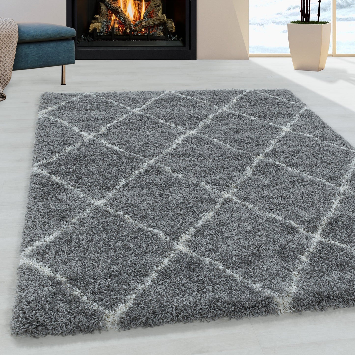 Wohnzimmerteppich Design Hochflor Teppich Muster Raute Flor Weich Farbe Grau