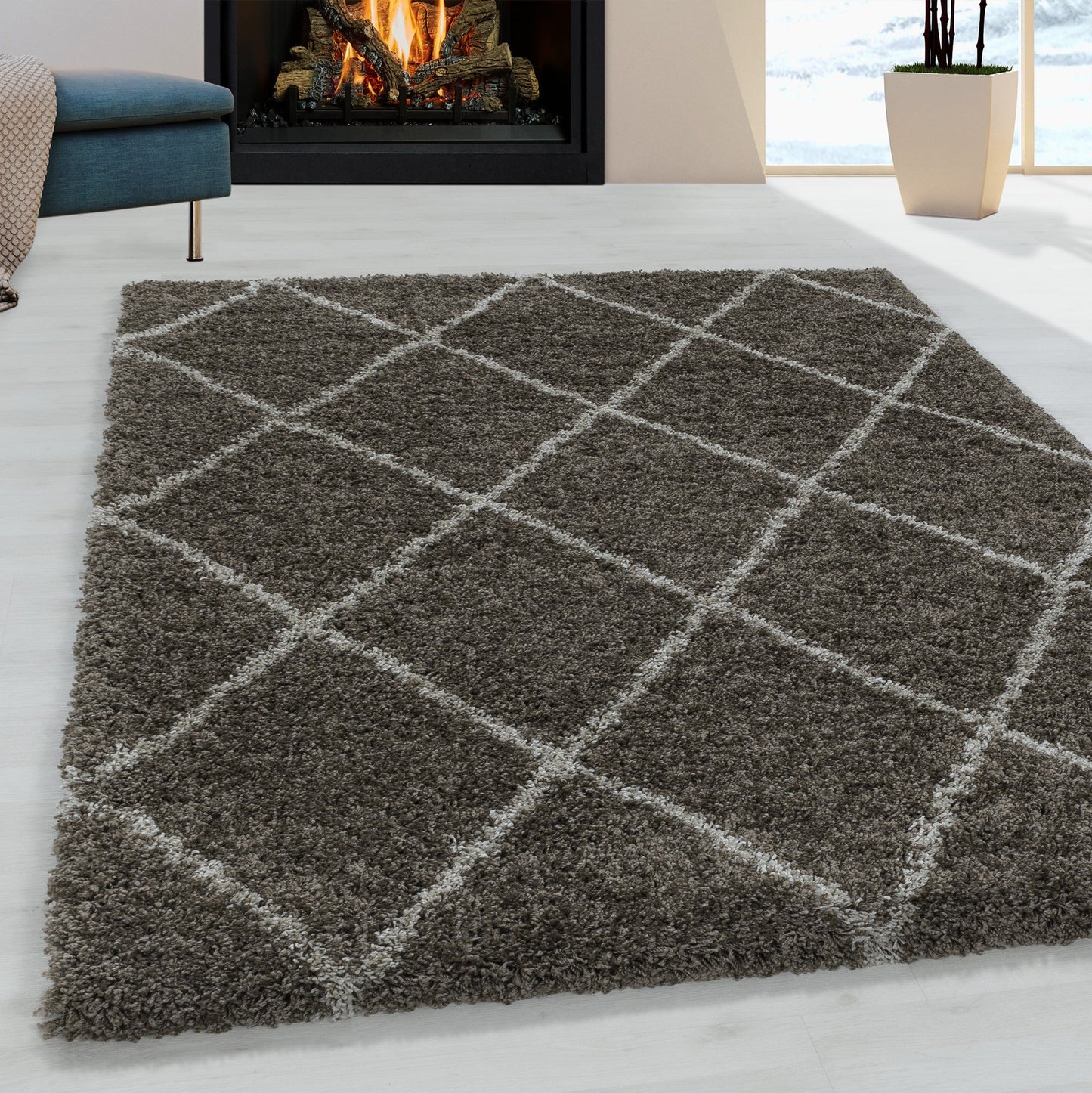 Wohnzimmerteppich Design Hochflor Teppich Muster Raute Flor Weich Farbe Taupe