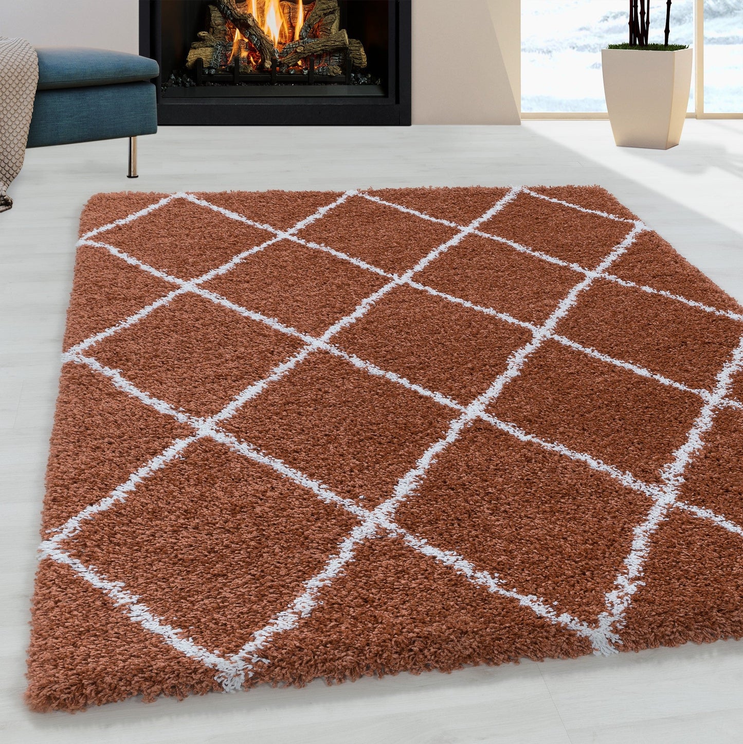Wohnzimmerteppich Design Hochflor Teppich Muster Raute Flor Weich Farbe Terra