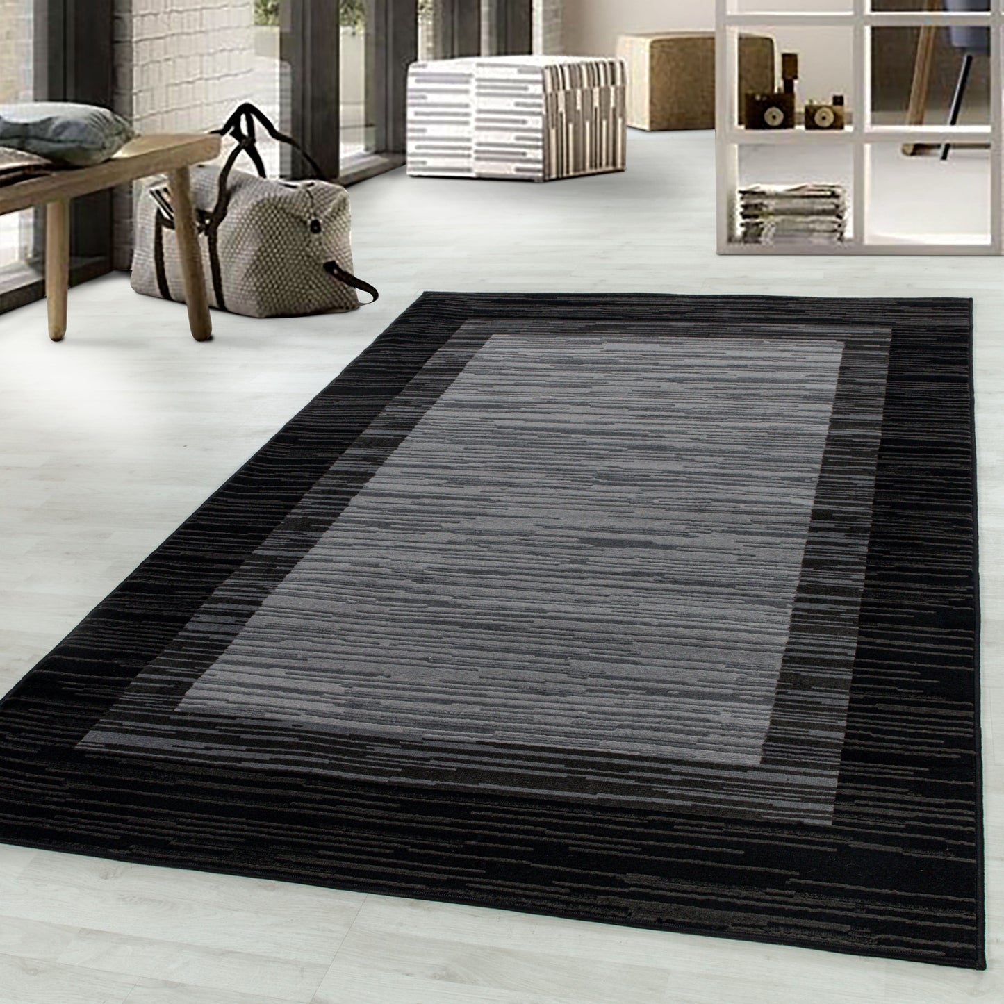 Wohnzimmerteppich Kurzflor Teppich Modernes Muster Bordüre Flor Weich Schwarz