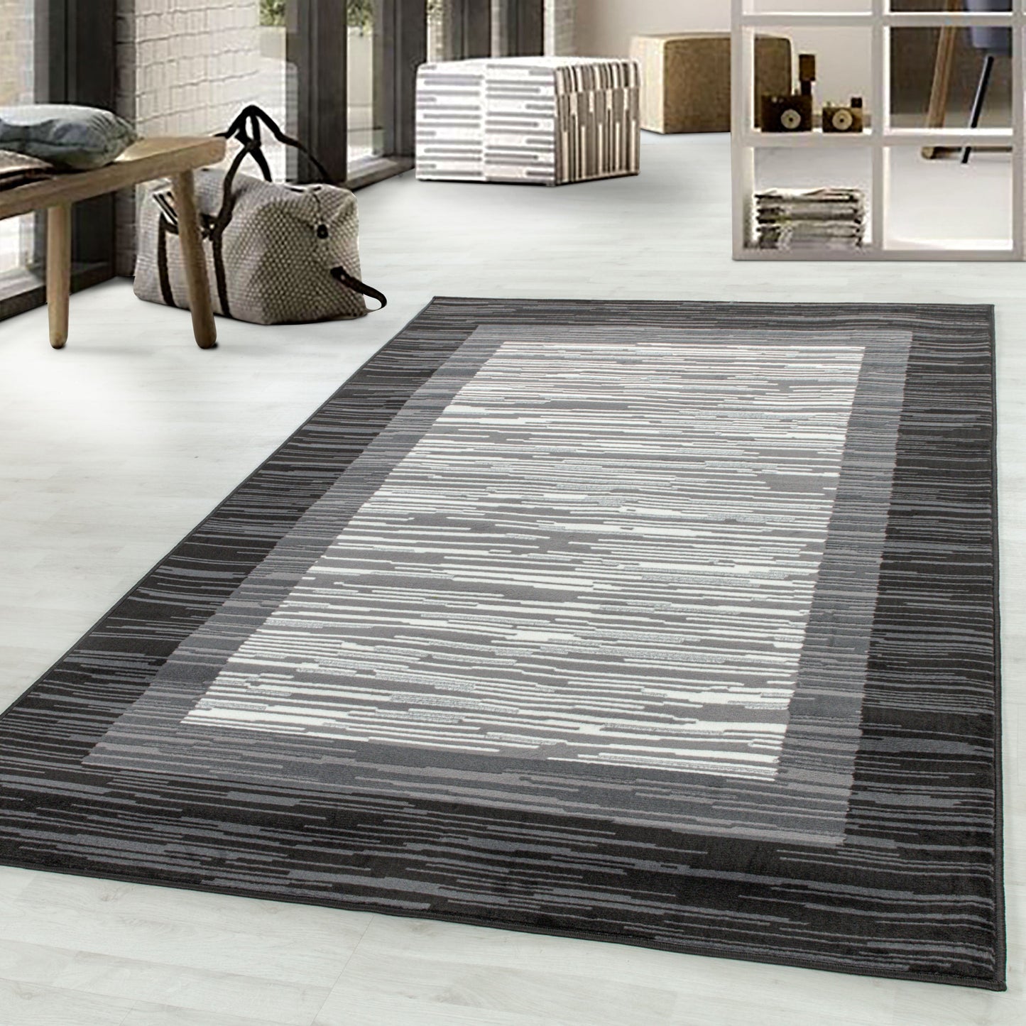 Wohnzimmerteppich Kurzflor Teppich Modernes Muster mit Bordüre Flor Weich Grau