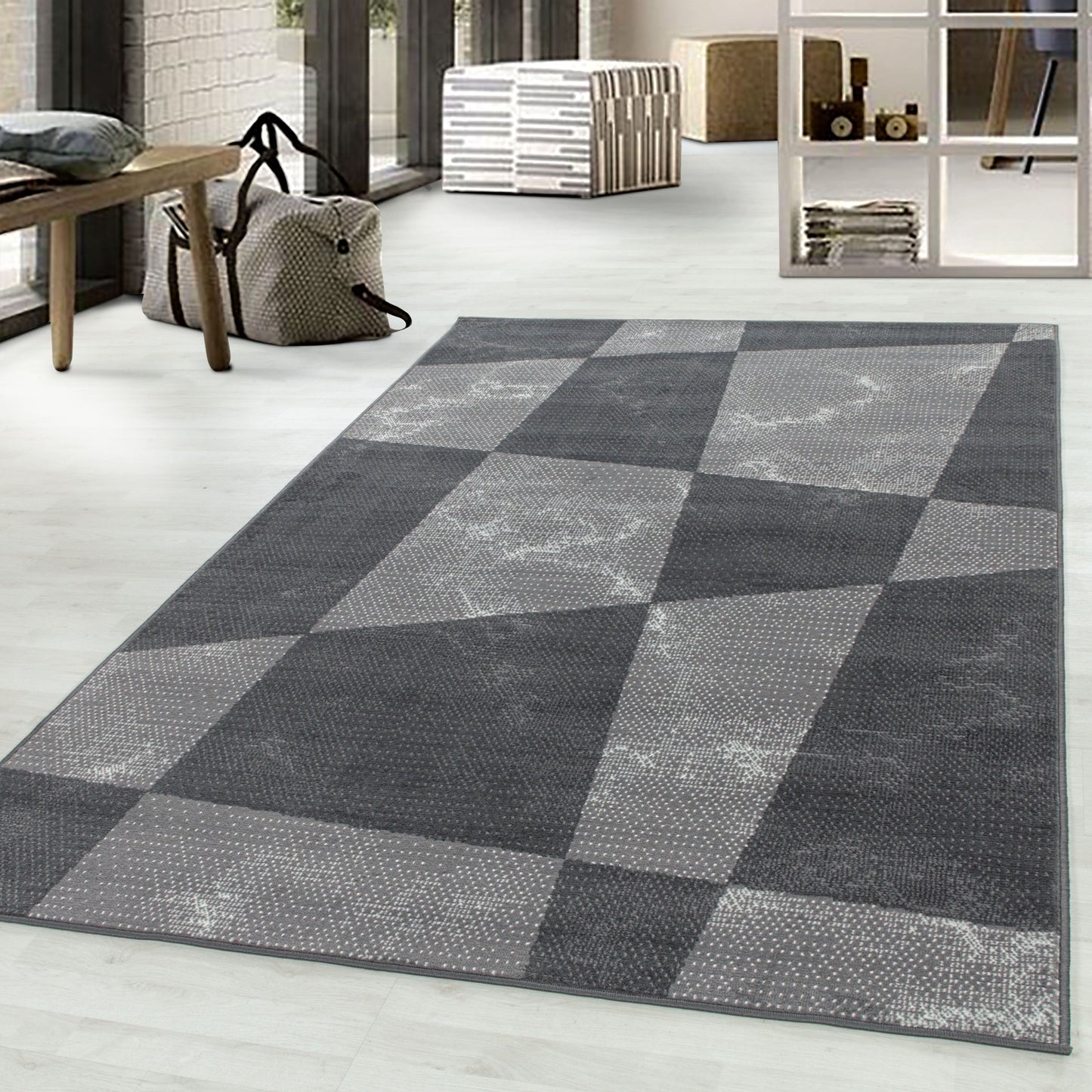 Wohnzimmerteppich Kurzflor Teppich Modernes Formen Muster Flor Weich Grau