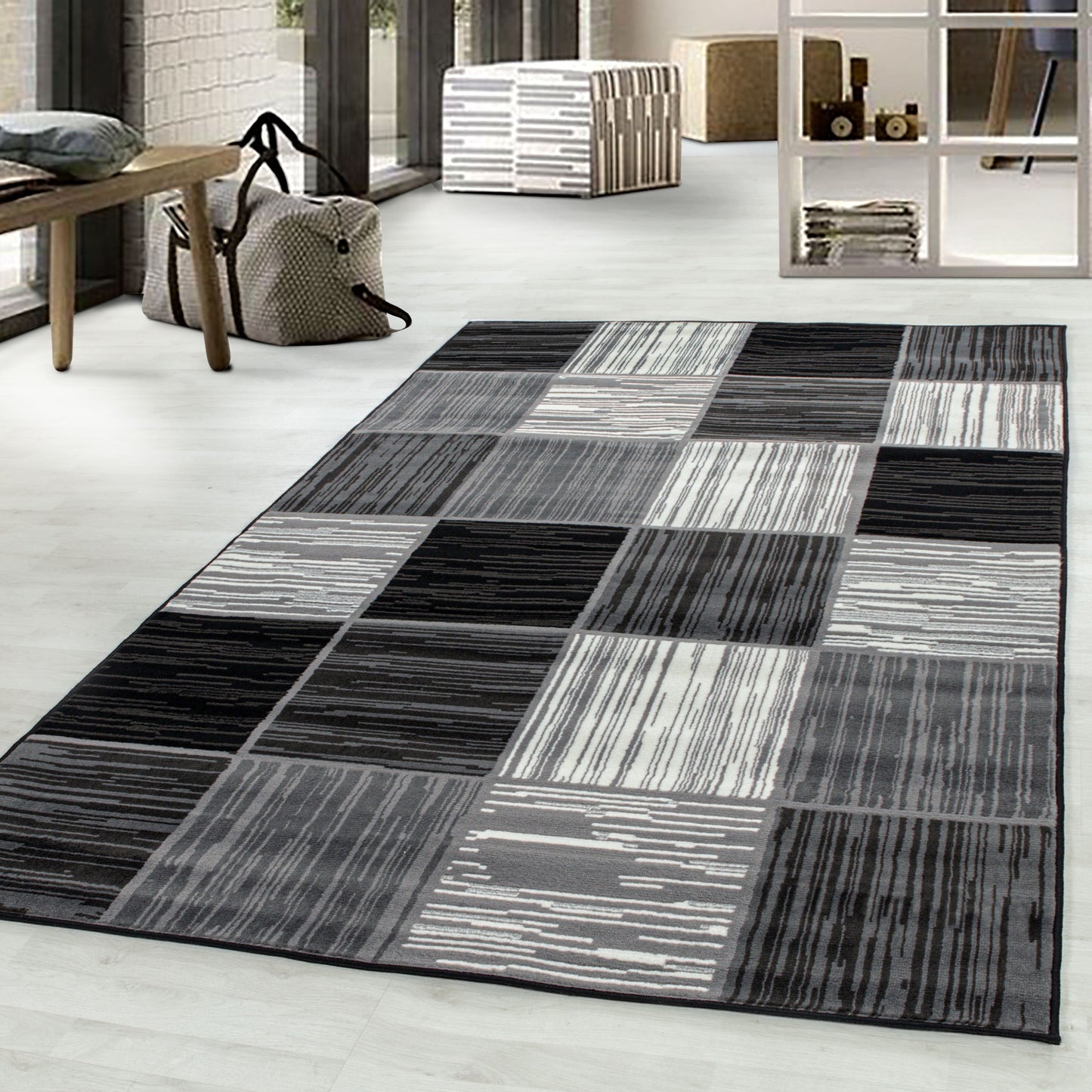 Wohnzimmerteppich Kurzflor Teppich Modernes Karo Kachel Muster Flor Schwarz
