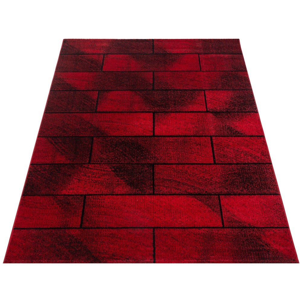 Designer Teppich Modern Kurzflor Steinwand Optik Stein Mauer Schwarz Rot