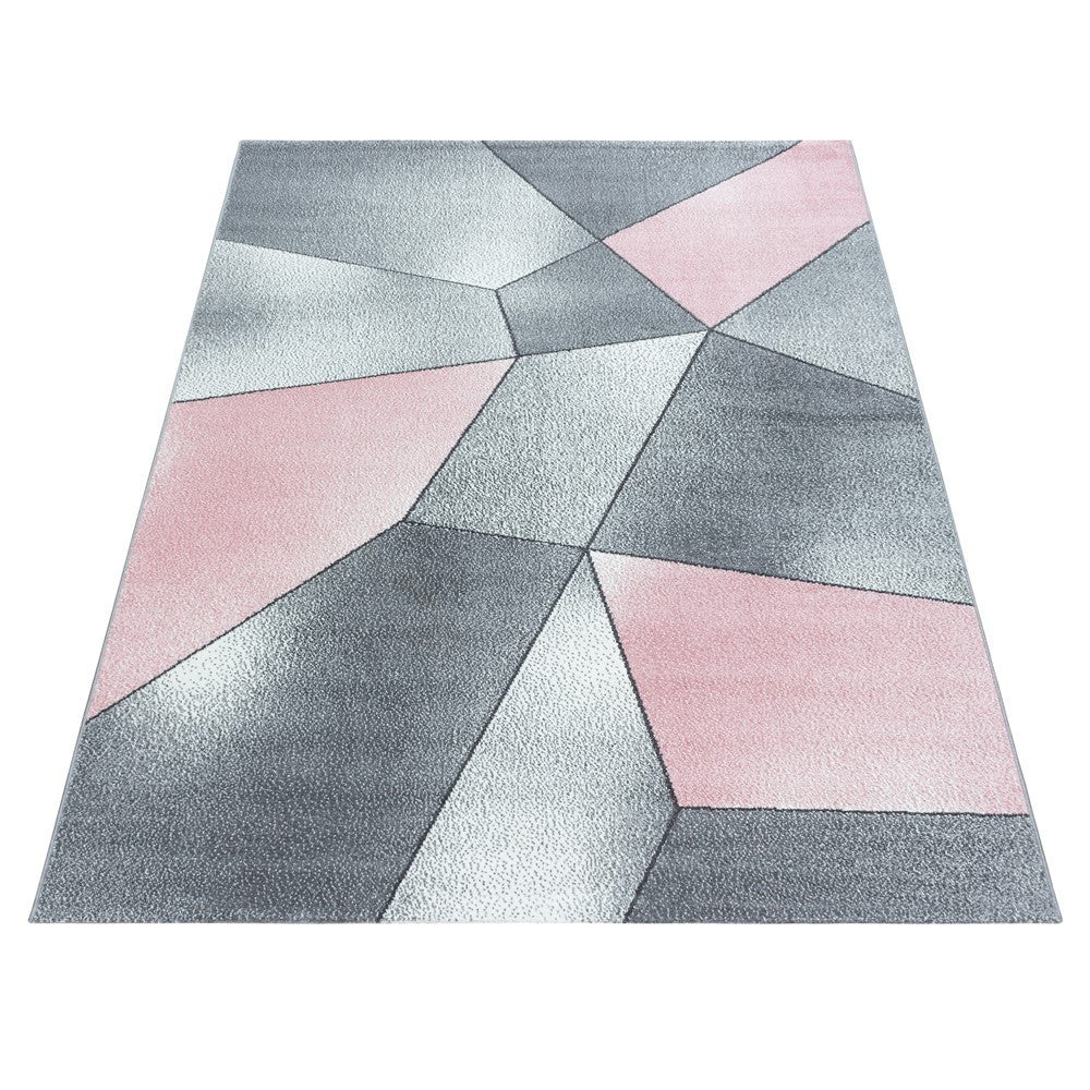 Teppich Modern Designer Kurzflor Geometrisches Design Grau Pink Weiß