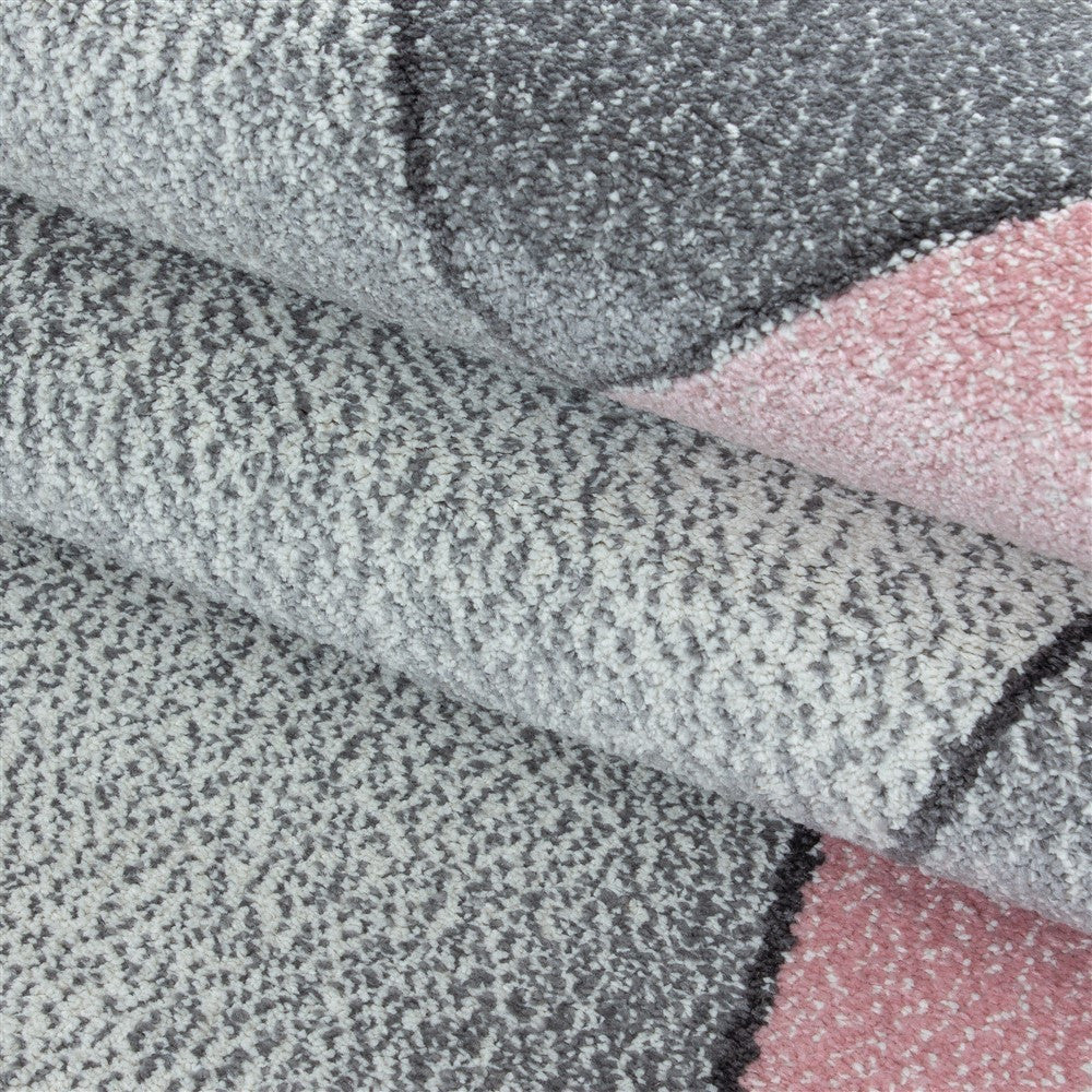 Teppich Modern Designer Kurzflor Geometrisches Design Grau Pink Weiß