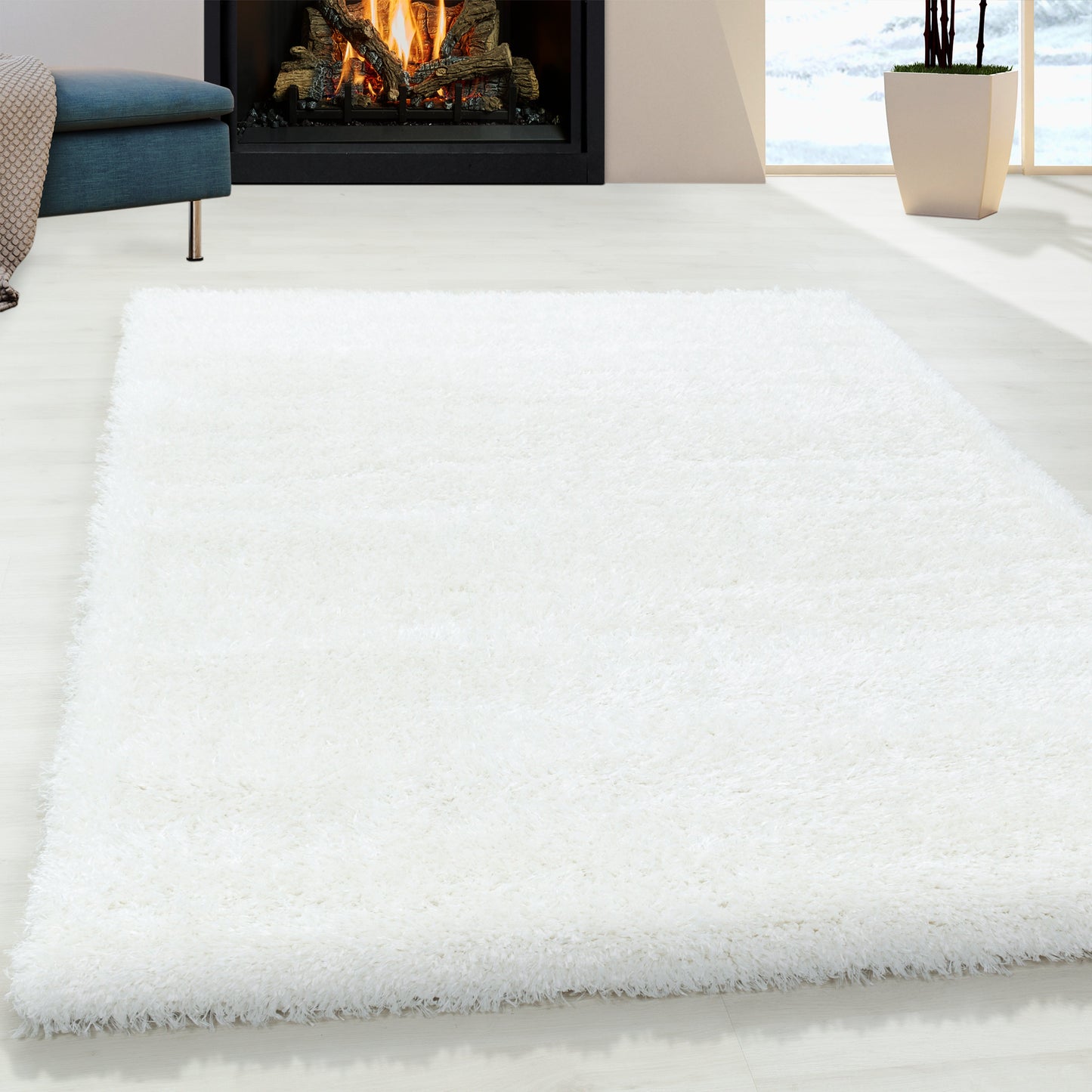 Shaggy Wohnzimmer Hochflor Teppich Glanz Garn Einfarbig Weiss