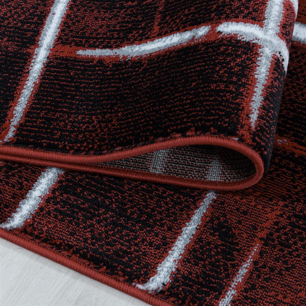 Wohnzimmerteppich Kurzflor Teppich Design Gitter Muster Soft Flor Rot