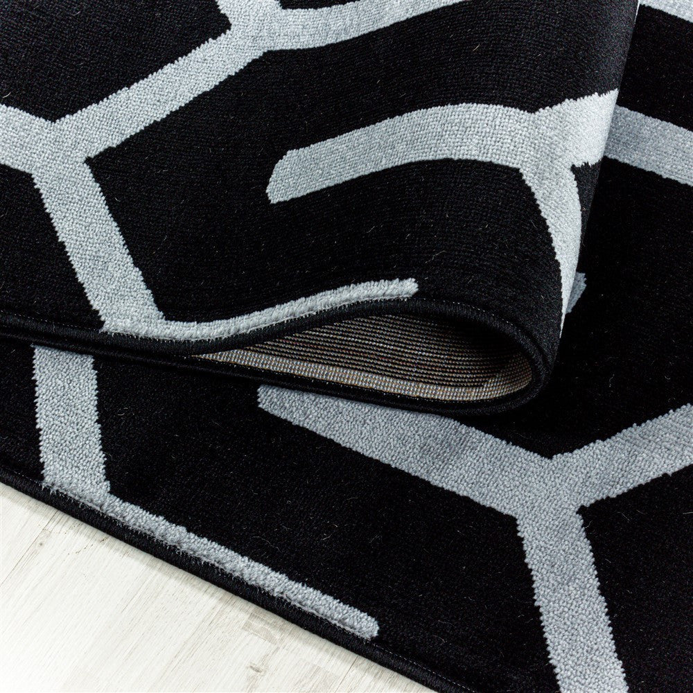 Wohnzimmerteppich Kurzflor Teppich Gitter Design Soft Flor Schwarz