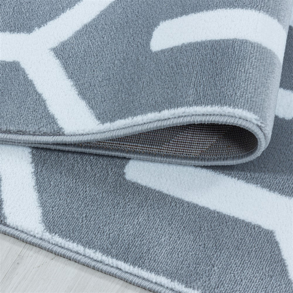 Wohnzimmerteppich Kurzflor Teppich Gitter Design Soft Flor Grau