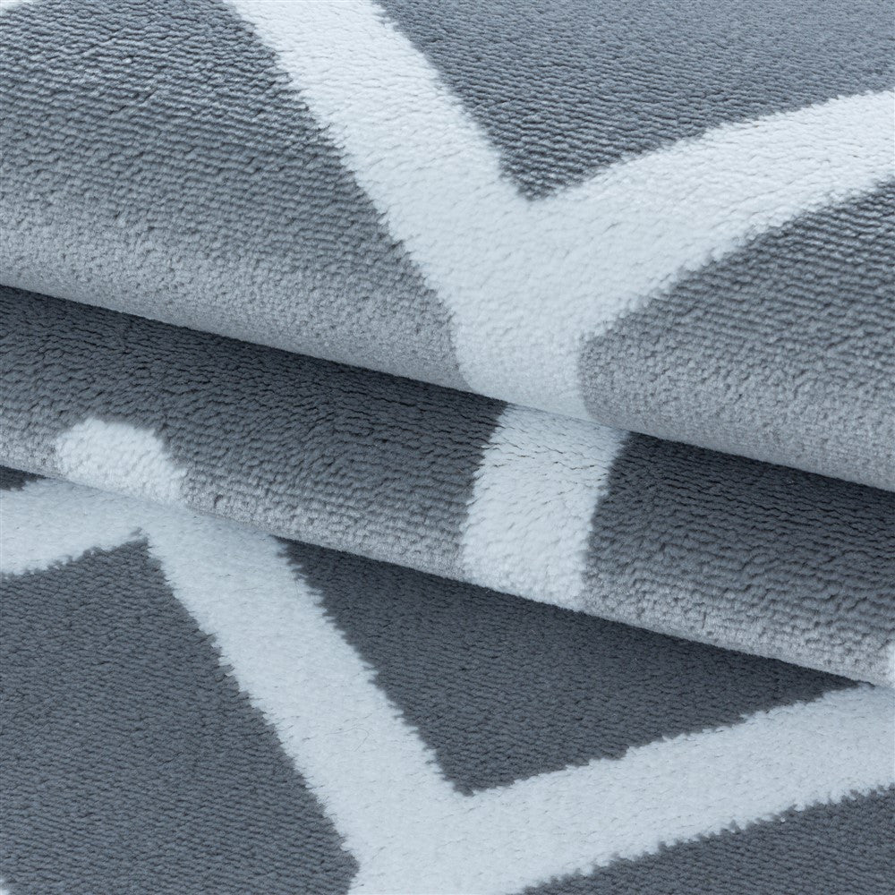 Wohnzimmerteppich Kurzflor Teppich Gitter Design Soft Flor Grau