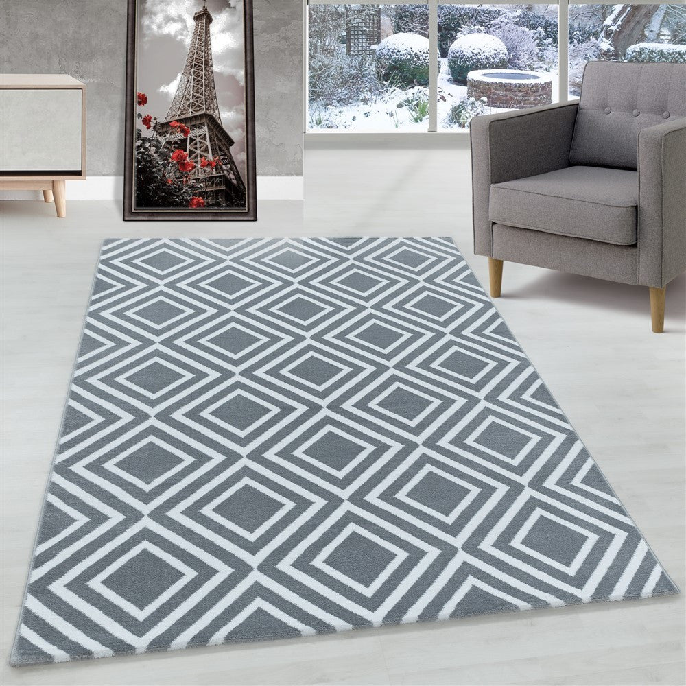 Wohnzimmerteppich Kurzflor Teppich Rauten Gitter Design Soft Flor Grau – Evimcarpet