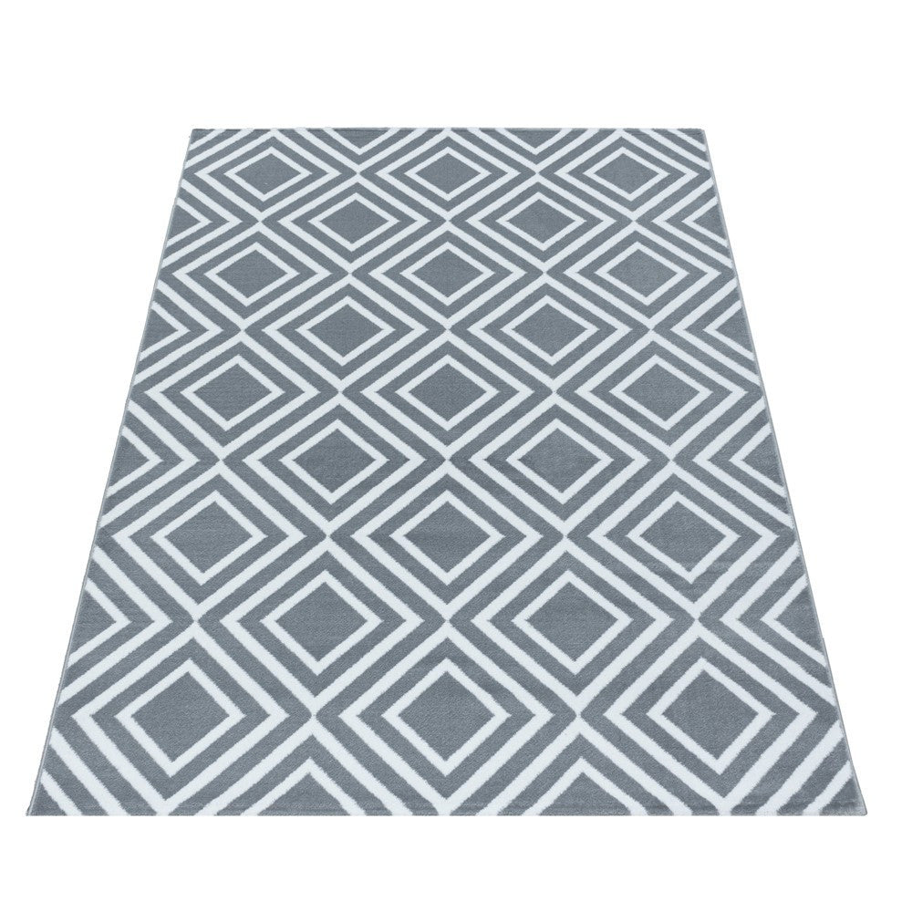 Wohnzimmerteppich Kurzflor Teppich Rauten Gitter Design Soft Flor Grau