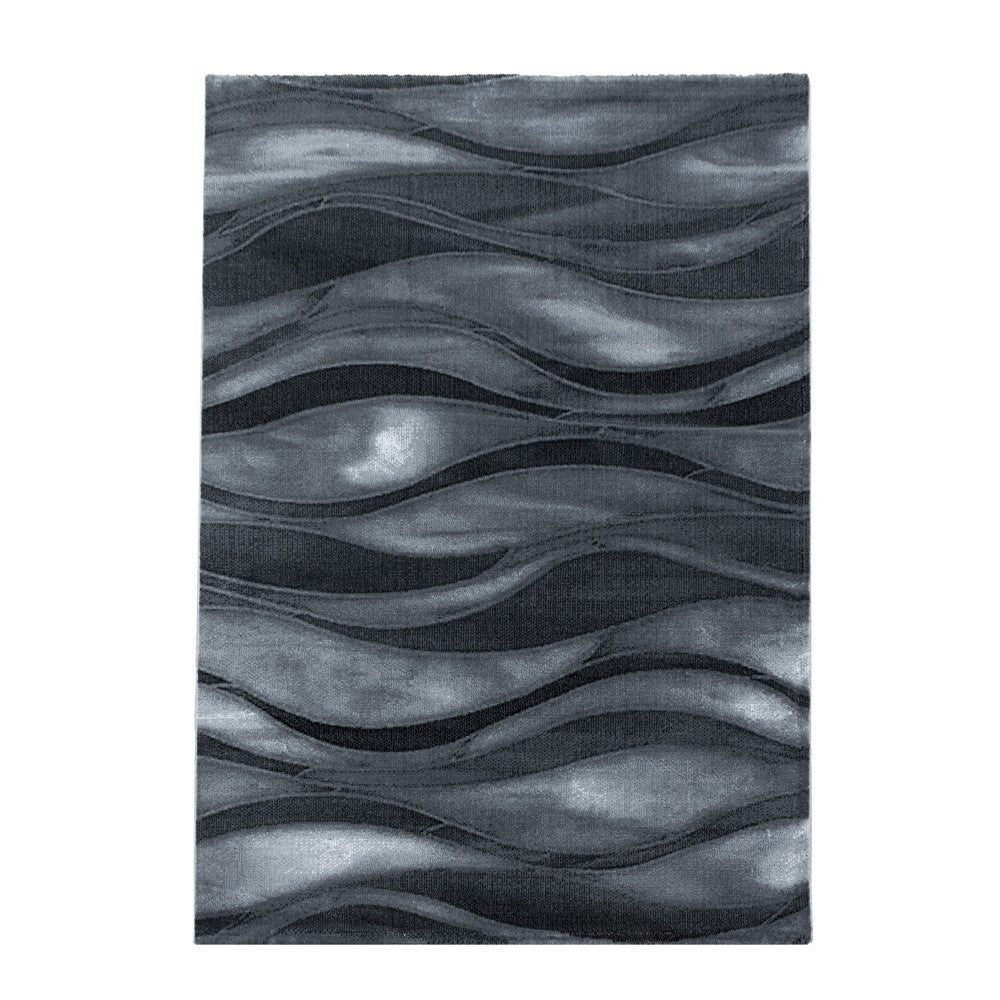 Wohnzimmerteppich Kurzflor Teppich Abstrakte Wellen Design Schwarz