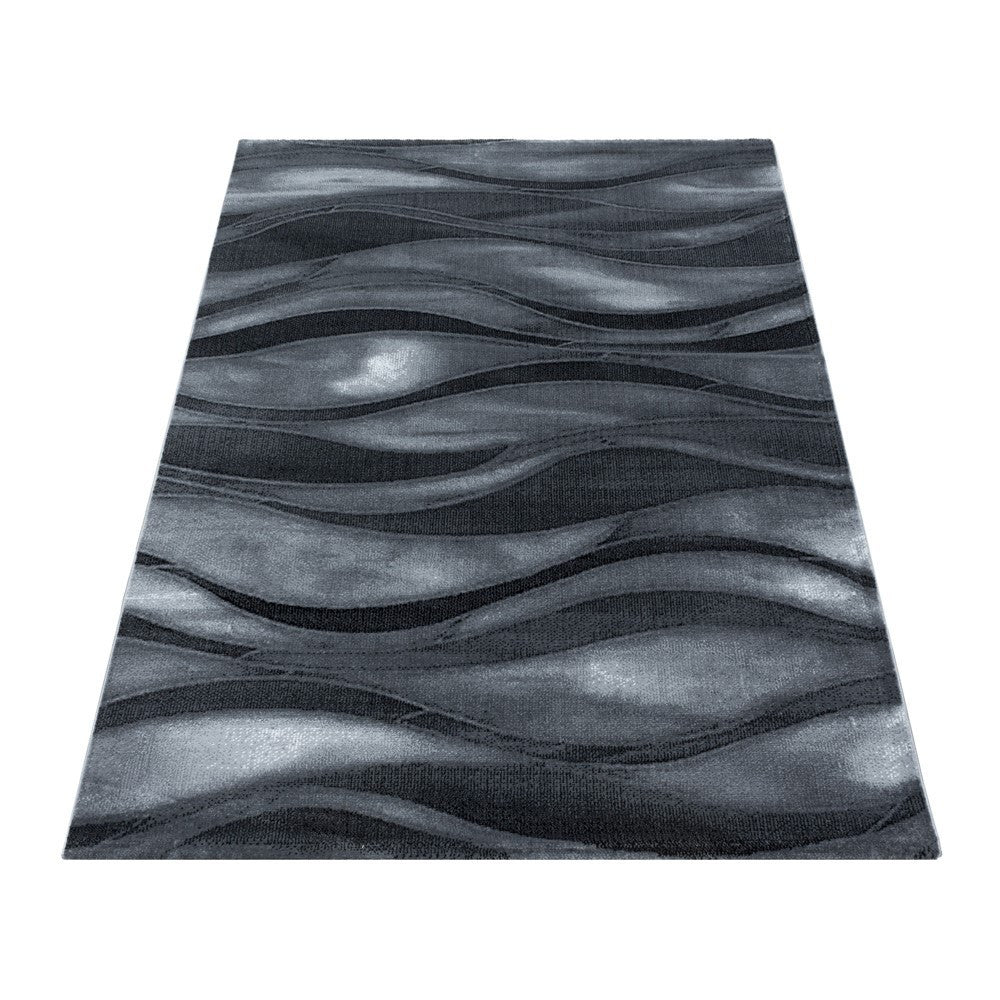 Wohnzimmerteppich Kurzflor Teppich Abstrakte Wellen Design Schwarz