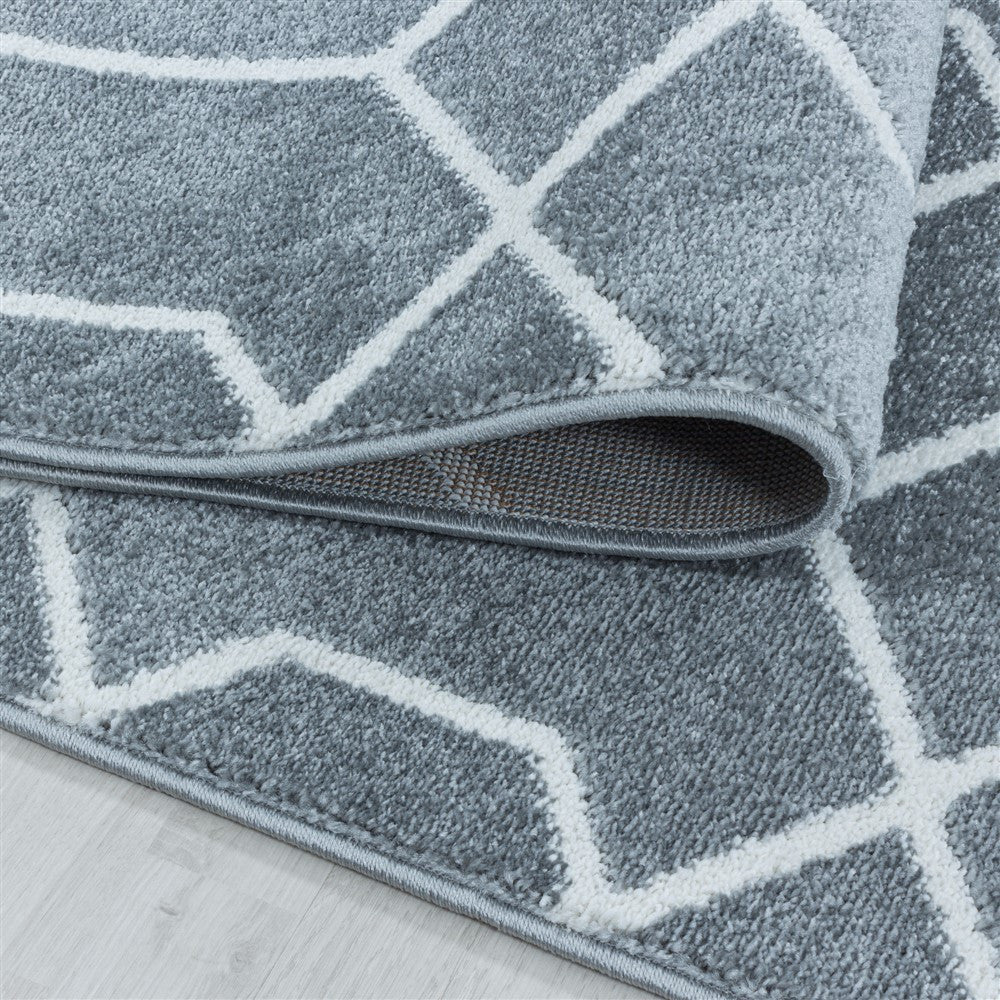 Wohnzimmerteppich Kurzflor Teppich Cable Design Zopf Muster Linien Grau