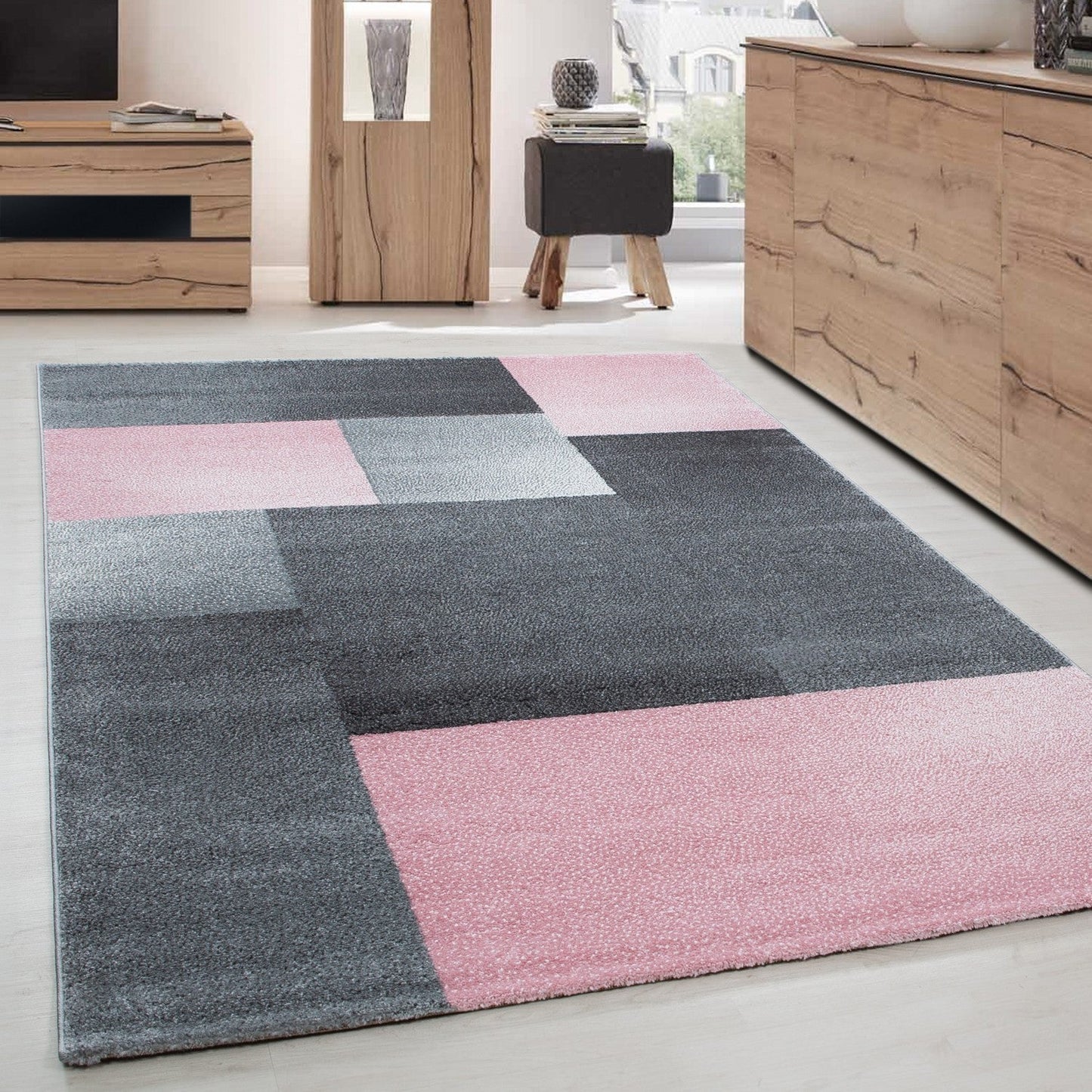 Teppich Modern Designer kurzflor Wohnzimmer Karo Block muster Grau Pink Weiß