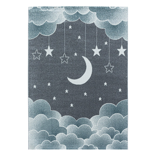 Kurzflor Kinderteppich Kinderzimmer Muster Sternenhimmel Mond Wolken Blau