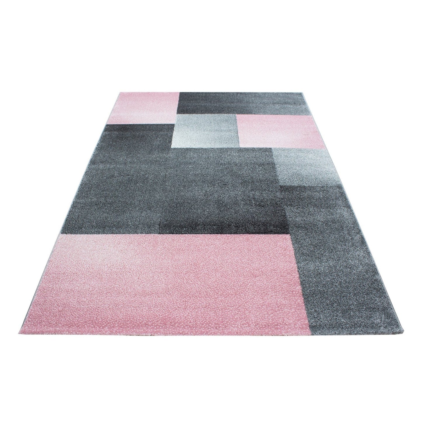 Teppich Modern Designer kurzflor Wohnzimmer Karo Block muster Grau Pink Weiß