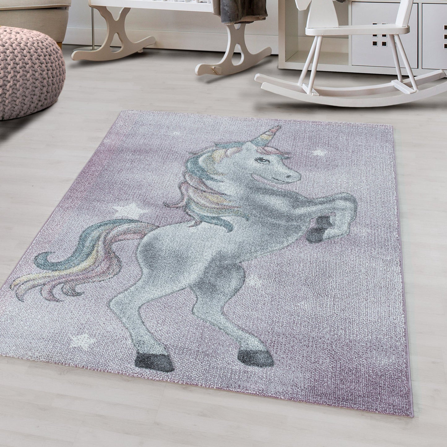 Kurzflor Kinderteppich Kinderzimmer Teppich Muster Einhorn Sterne Weich Violet