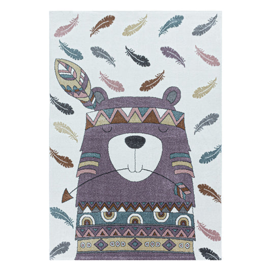 Kurzflor Kinderteppich Design Indianer Bär Feder Kinderzimmer Teppich Violet
