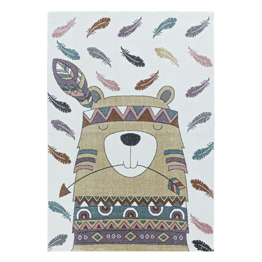 Kurzflor Kinderteppich Design Indianer Bär Feder Kinderzimmer Teppich Gelb
