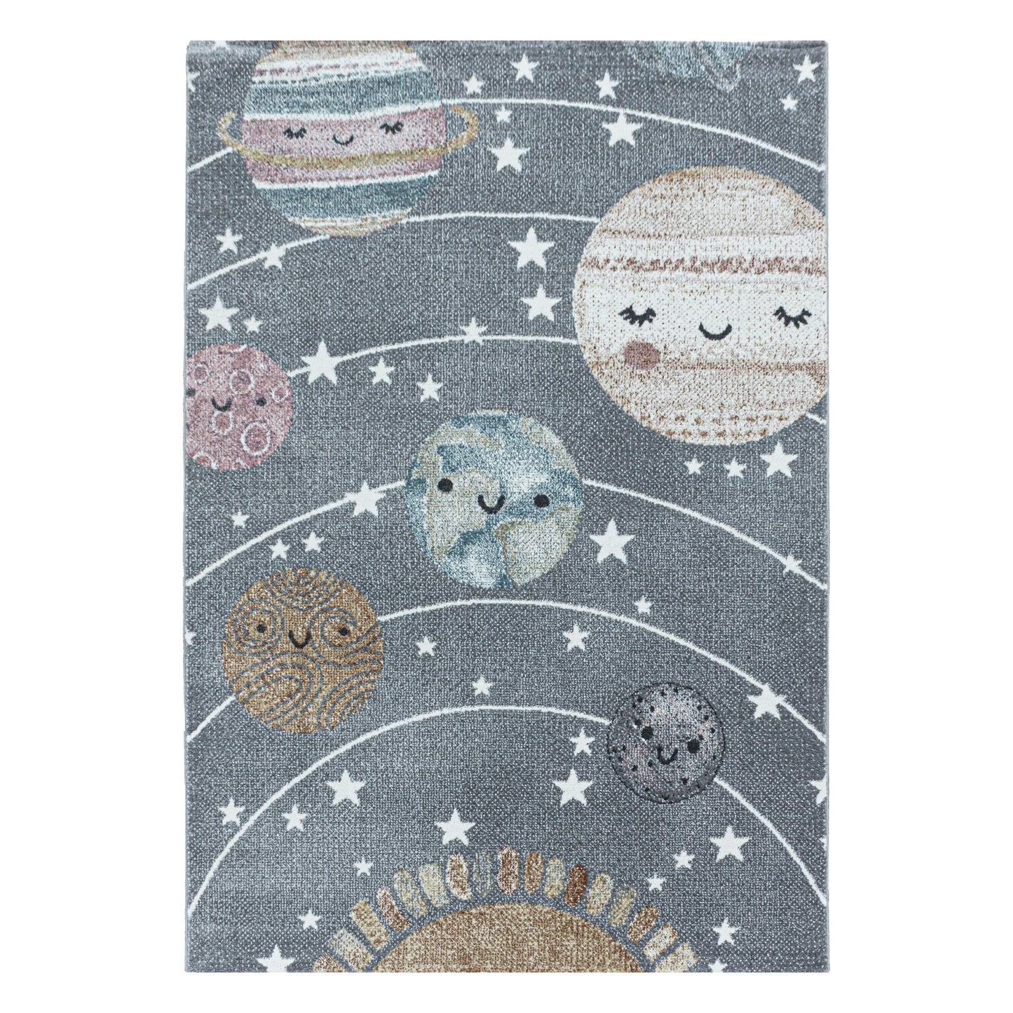 Kurzflor Kinderteppich Planet Weltall Sonne Mond Kinderzimmer Teppich Grau