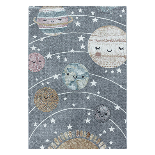 Kurzflor Kinderteppich Planet Weltall Sonne Mond Kinderzimmer Teppich Grau